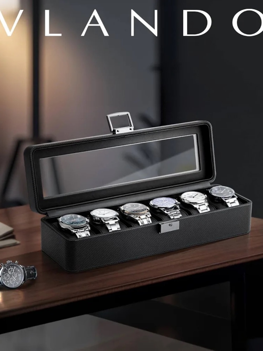 VLANDO Luxury Black 6-Slot Watch Display Case with Glass Lid